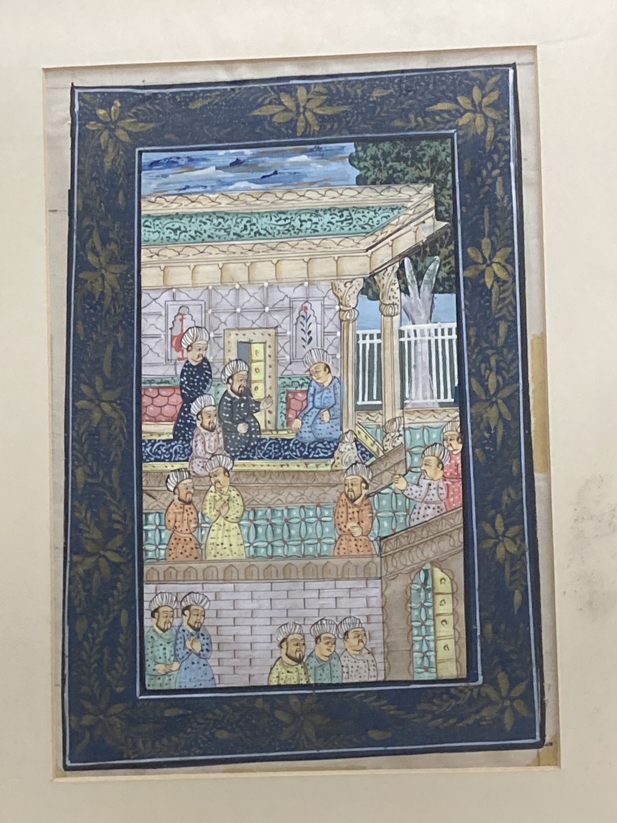 Persian School, four gouache on paper, Figures in courtyards, largest 31 x 20cm